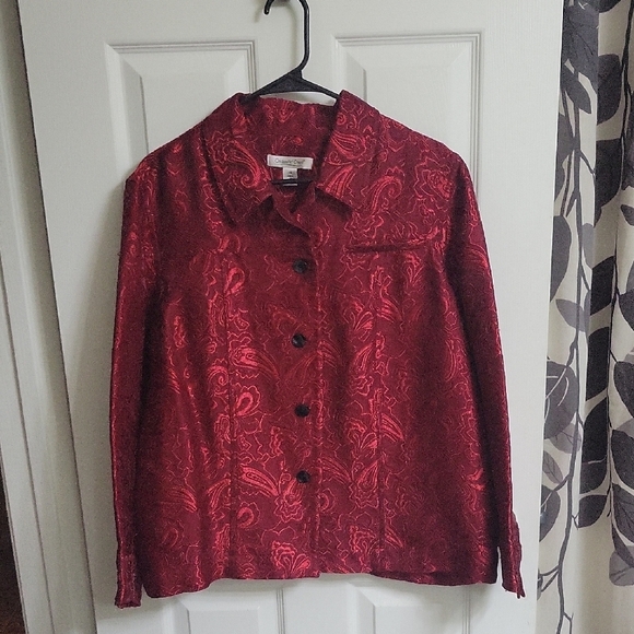 Coldwater Creek Jackets & Blazers - Coldwater Creek Brocade Red Black Chunky Button Western Floral Paisley Jacket 1X